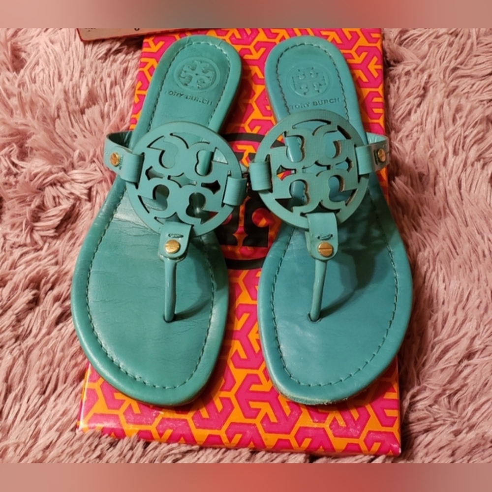 Tory Burch Designer Miller Teal Blue Leather Sandals Size 5